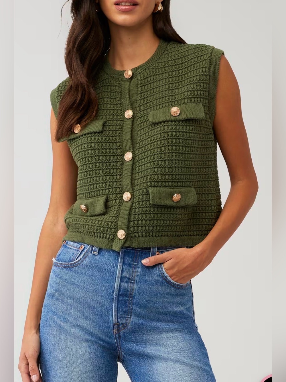 Blank NYC Knit Vest with Gold Medallion Buttons